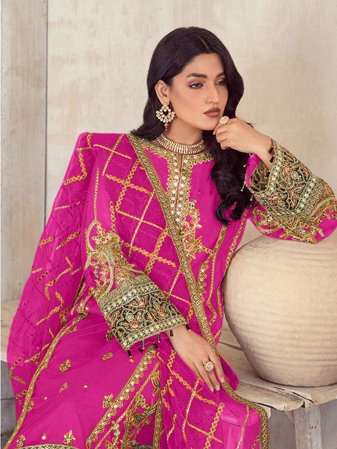 Rani Pink Heavy Soft Organza Pant Suit 195688 Closure View