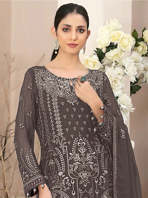 Dark Beige Heavy Fox Georgette Pant Suit 195942 Closure View