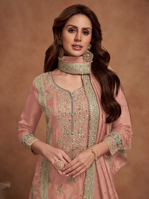 Baby Pink Heavy Pv Vichitra Palazzo Suit 195946 Closure View