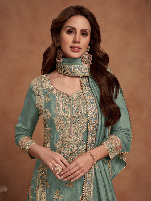 Sea Green Heavy Pv Vichitra Palazzo Suit 195947 Closure View