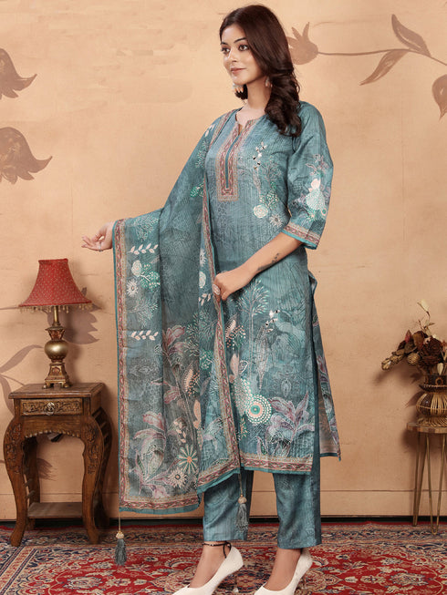 Sky Blue Cotton Slub Pant Suit 195978 Closure View