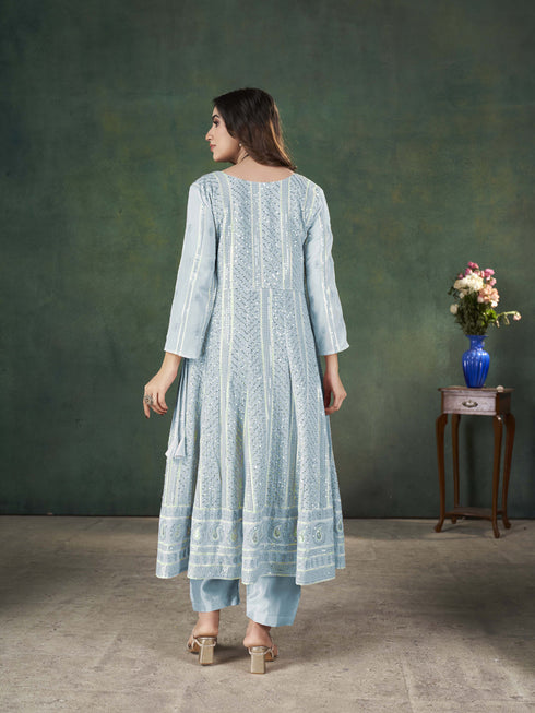 Turquoise Georgette Pant Suit 195981 Back View