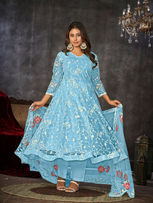 Sky Blue Net Anarkali Suit 199178 Closure View