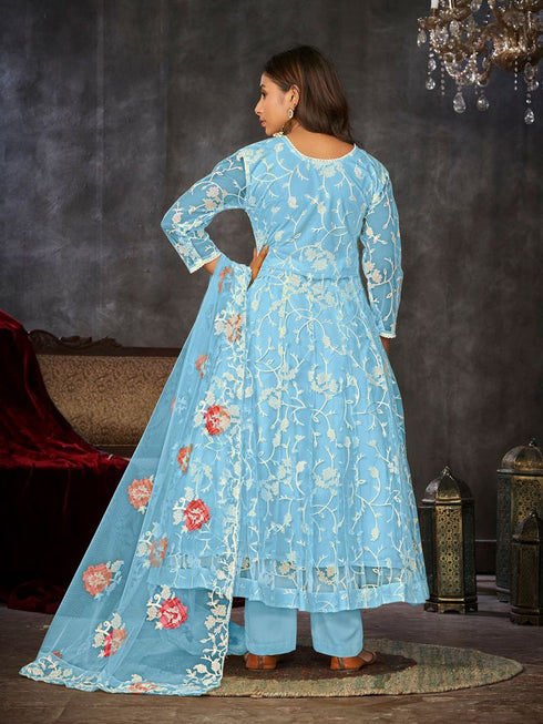 Sky Blue Net Anarkali Suit 199178 Back View