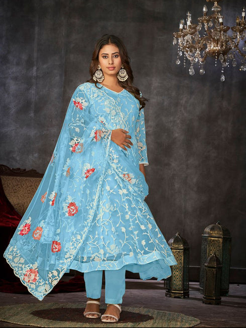 Sky Blue Net Anarkali Suit 199178