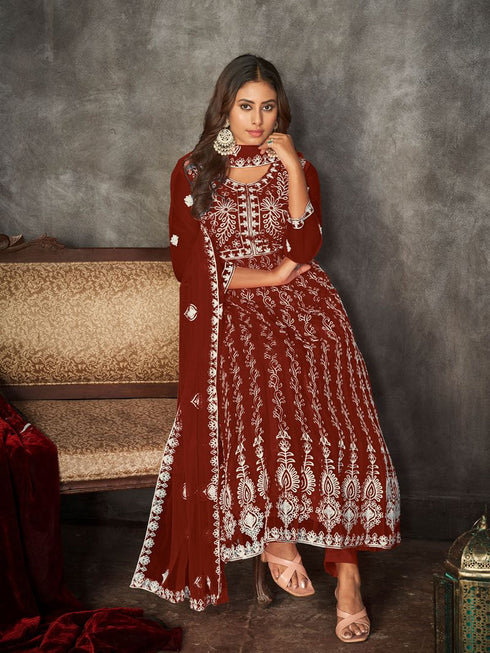 Maroon Net Anarkali Suit 199182 Closure View
