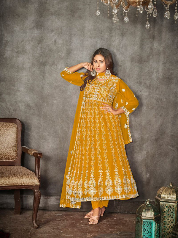 Mustard Net Anarkali Suit 199183