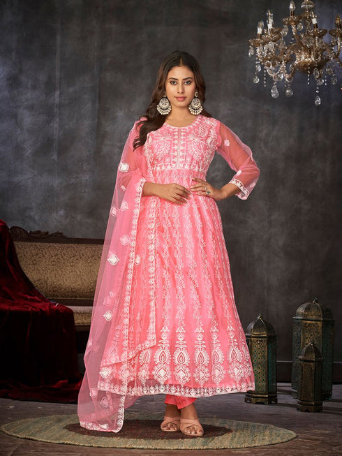 Peach Net Anarkali Suit 199184