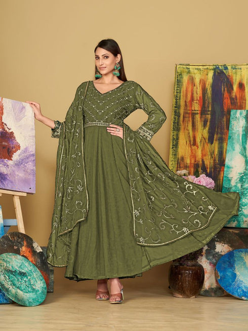 Mehndi Green Georgette Anarkali Dress 199189