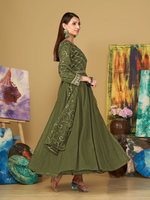Mehndi Green Georgette Anarkali Dress 199189 Closure View