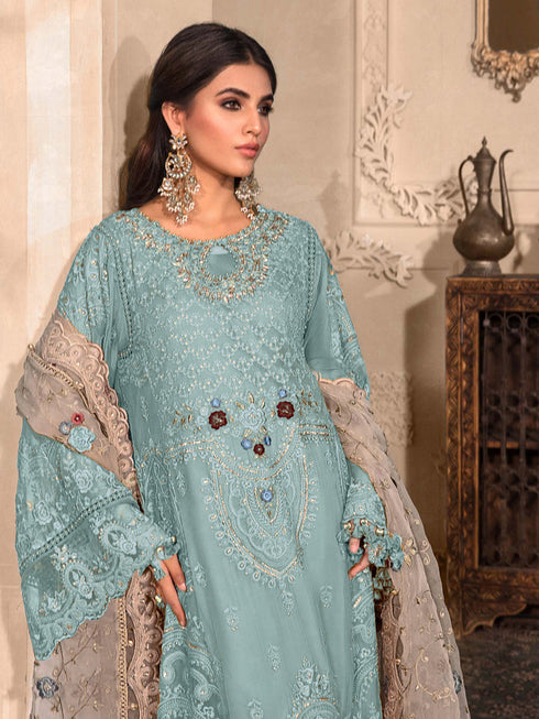 Sky Blue Heavy Organza Pant Suit 199215 Closure View