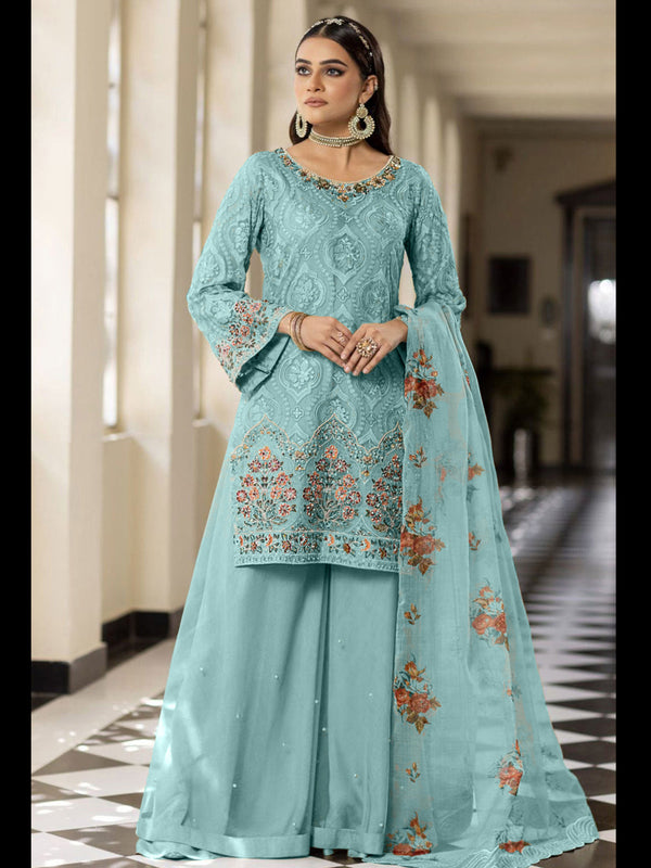 Aqua Blue Georgette Pant Suit 199353