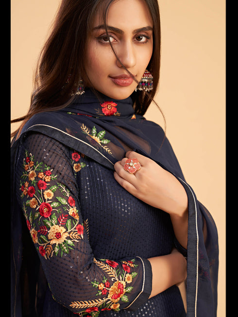 Navy Blue Georgette Pant Suit 199466 Back View