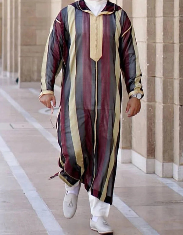 Patchwork Striped V-Neck Long Sleeve Jubba Thobe for Men with a Muslim Twist