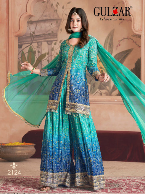 Blue Sharara style Suit Readymade Designer Salwar Suit Salwar Kameez in Jari Sequence,Mirror Embroidery With Digital Work Closure View