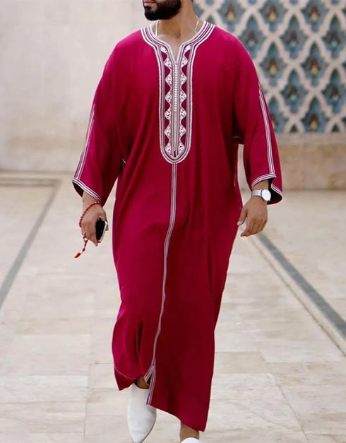 Arabic-Inspired Moroccan Kaftan: Casual Elegance in a Long Striped Dress for Muslim Men