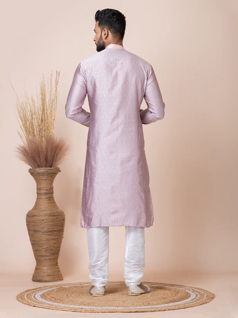 Peach Kurta Self Jacquard Silk with Butti Churidar Closure View