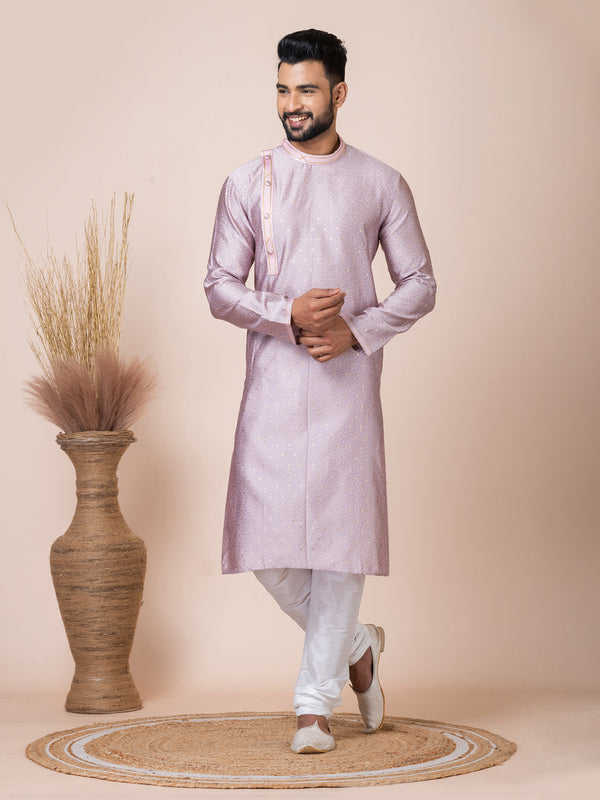 Peach Kurta Self Jacquard Silk with Butti Churidar