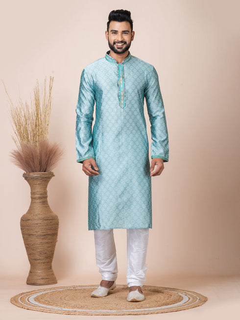 Sea Green Kurta Self Jacquard Silk with Butti Churidar