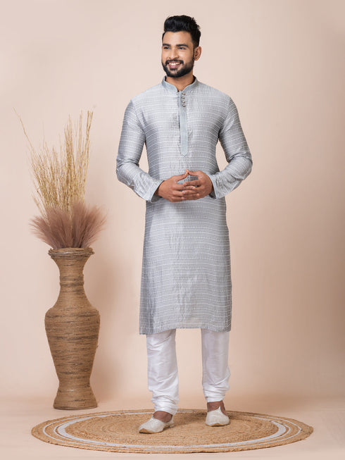 Grey Kurta Jacquard Silk Churidar