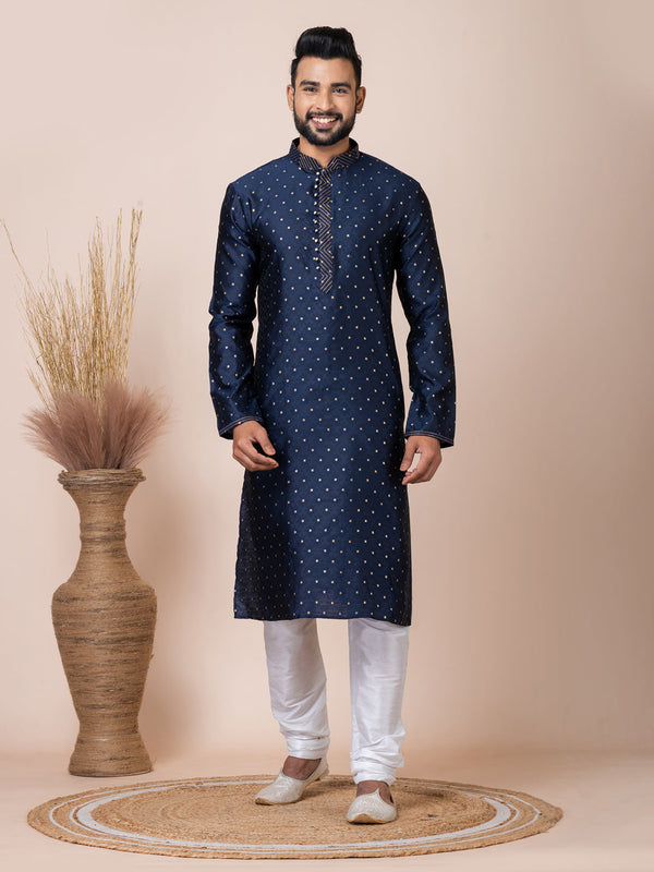 Navy Blue Kurta Self Jacquard Silk with Butti Churidar