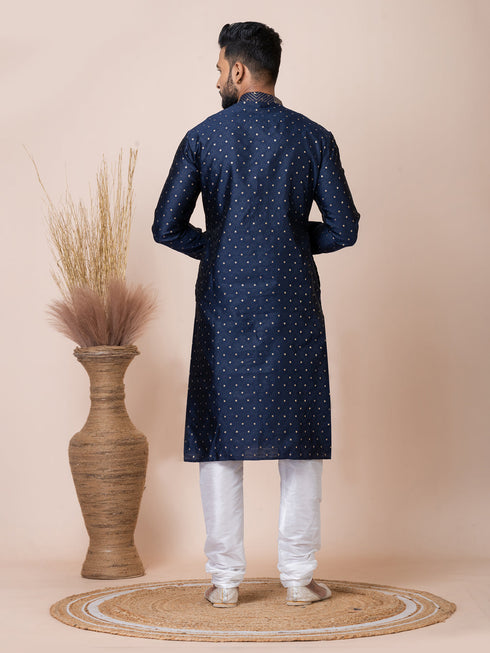 Navy Blue Kurta Self Jacquard Silk with Butti Churidar Closure View