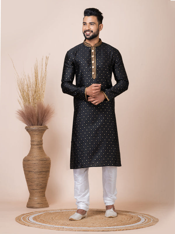 Black Kurta Self Jacquard Silk with Butti Churidar