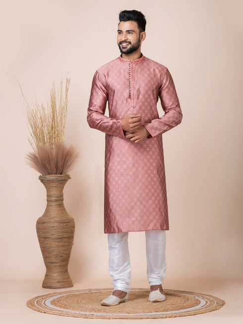 Dark Peach Kurta Self Jacquard Silk with Butti Churidar