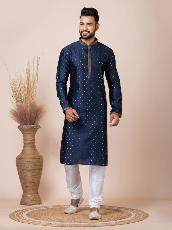 Navy Blue Kurta Self Jacquard Silk with Butti Churidar
