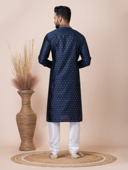 Navy Blue Kurta Self Jacquard Silk with Butti Churidar Closure View