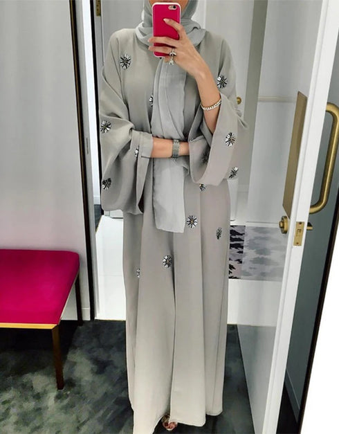 Sparkling Elegance: Diamond-Adorned Chiffon Abaya with Detachable Belt