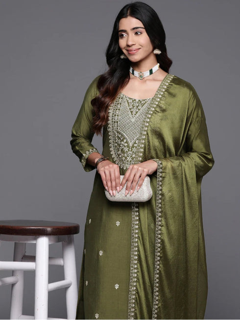 Green Viscose Chanderi Pant Suit Acy1010 Back View