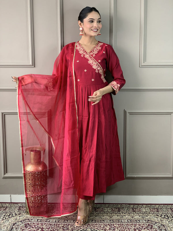 Maroon Viscose Chanderi Pant Suit Acy1012