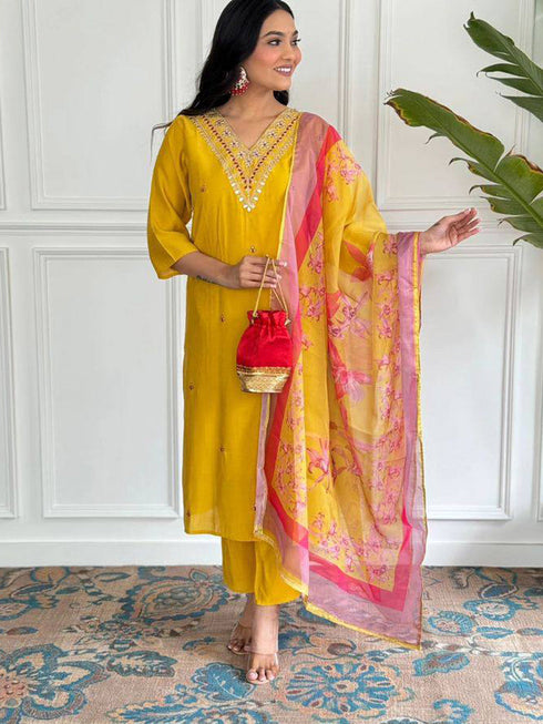 Yellow Viscose Chanderi Pant Suit Acy1013 Closure View