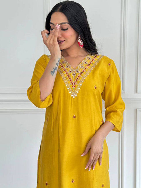 Yellow Viscose Chanderi Pant Suit Acy1014 Back View