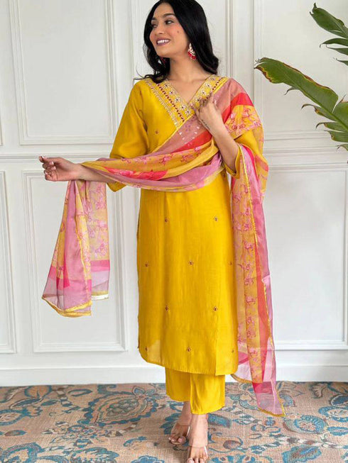 Yellow Viscose Chanderi Pant Suit Acy1013 Salwar Kameez