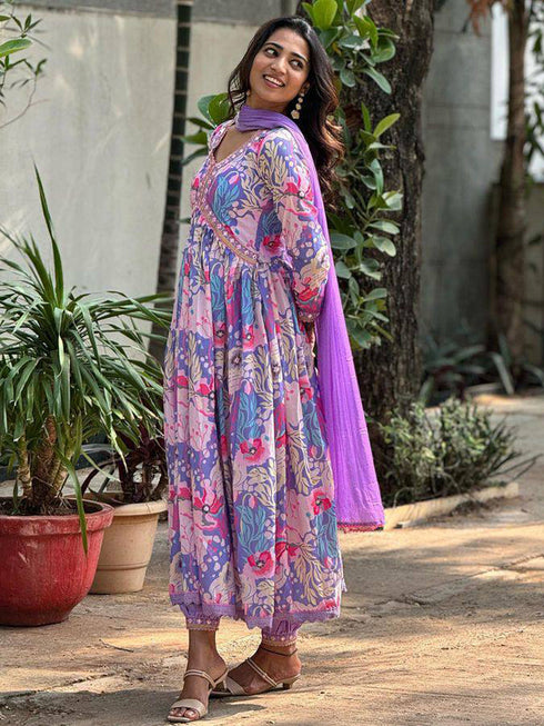 Purple Muslin Pant Suit Acy1022 Closure View