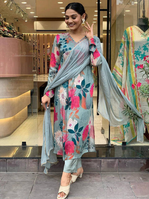 Grey Russion Silk Pant Suit Acy1023 Closure View