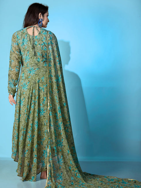 Green Georgette Anarkali Dress Acy1050 Closure View