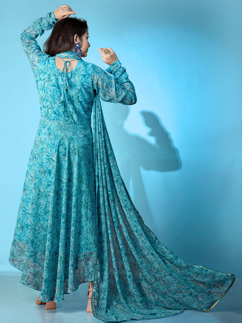 Blue Georgette Anarkali Dress Acy1052 Closure View