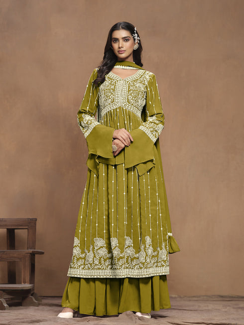 Green Faux Georgette Sharara Suit Acy1111
