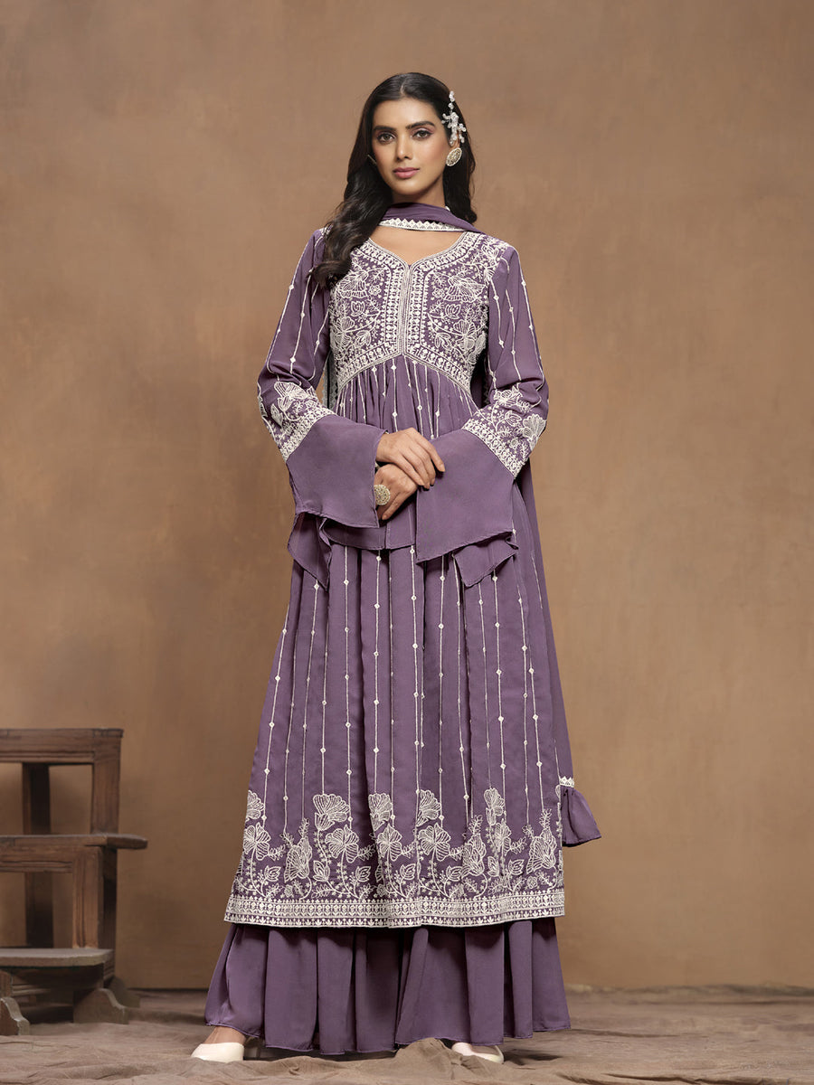 Rust Designer Readymade Faux Georgette Sharara Suit With Heavy Designer Embroidery Work