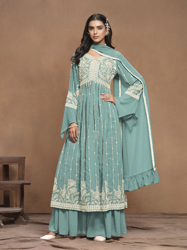Sky Blue Faux Georgette Sharara Suit Acy1113