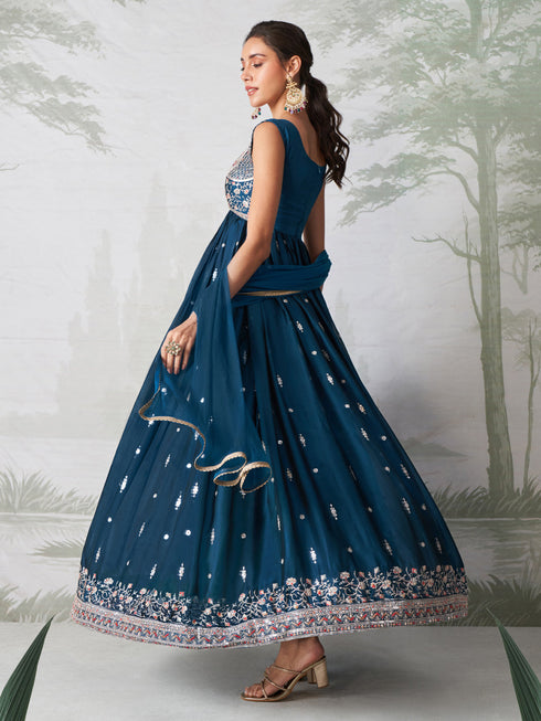 Teal Blue Rangoli Georgette Anarkali Dress Acy1131 Closure View