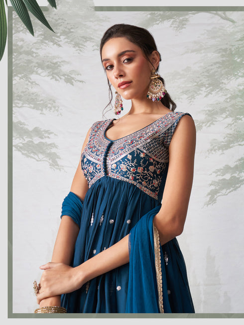 Teal Blue Rangoli Georgette Anarkali Dress Acy1131 Back View