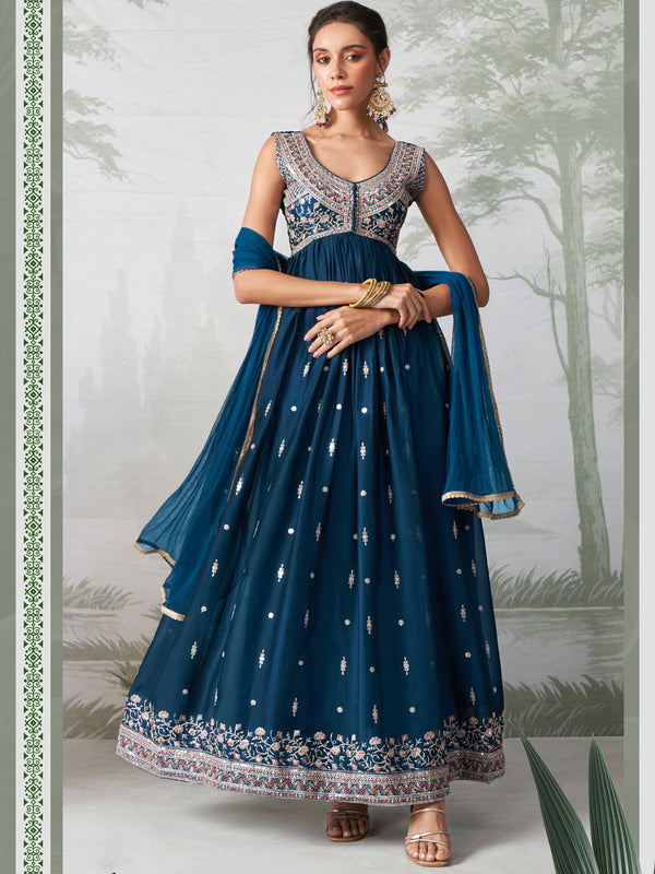 Teal Blue Rangoli Georgette Anarkali Dress Acy1131