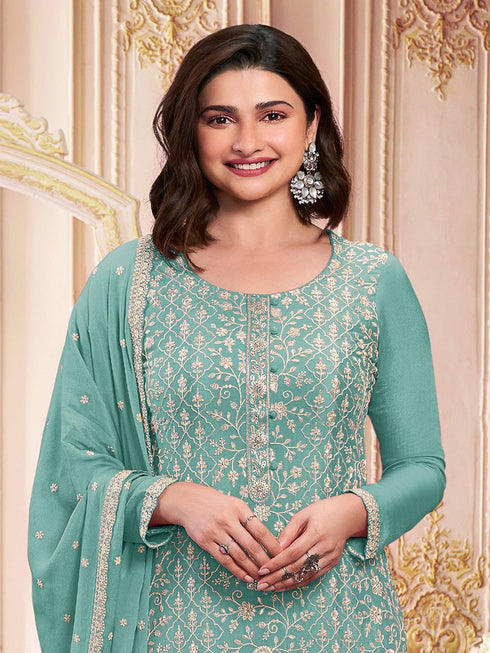 Teal Georgette Pant Suit Acy1139 Closure View