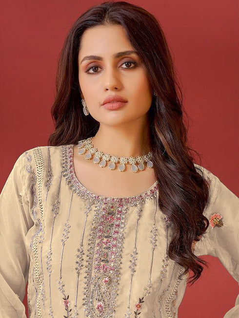 Cream Organza Pant Suit Acy1196 Closure View