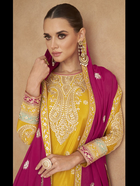 Yellow Chinon Palazzo Suit Acy1199 Back View