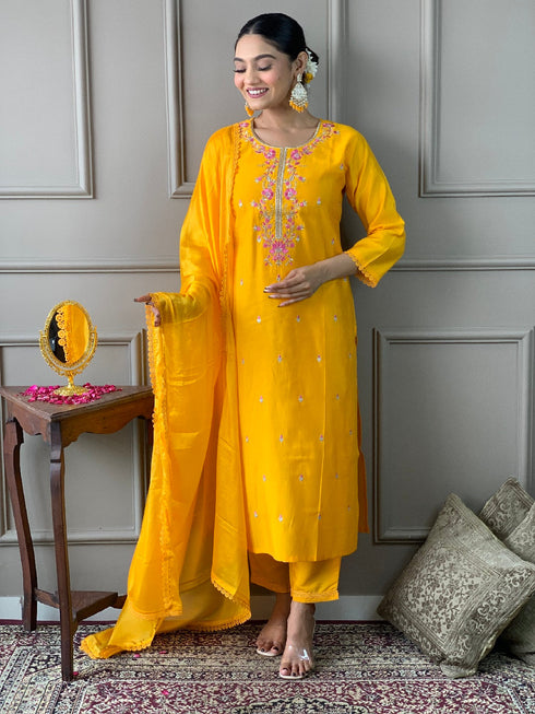Yellow Viscose Chanderi Pant Suit Acy1224